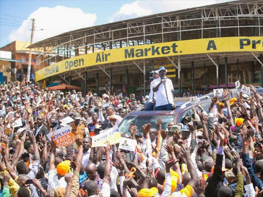 Nasa leader Raila Odinga addressing Tharaka Nithi residents on Friday./courtesy