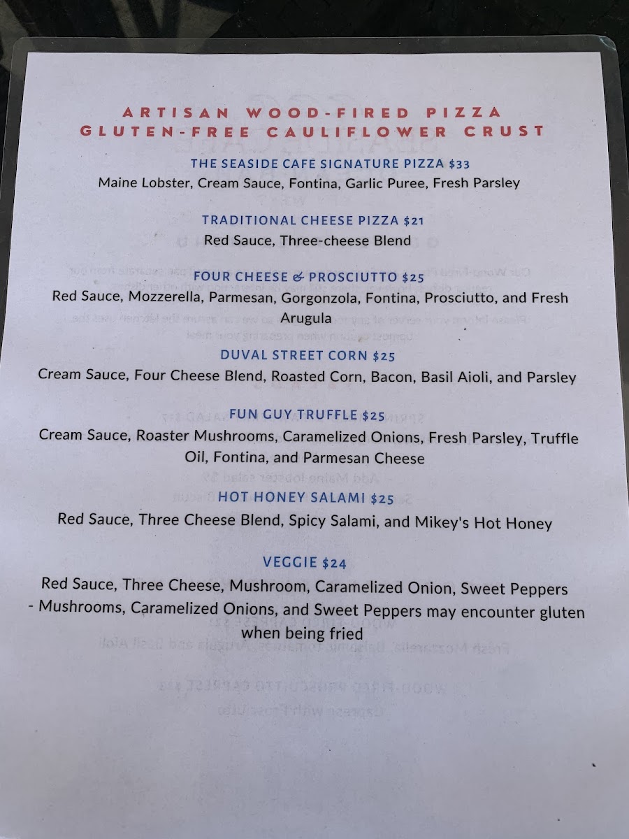 Seaside Cafe at the Mansion gluten-free menu