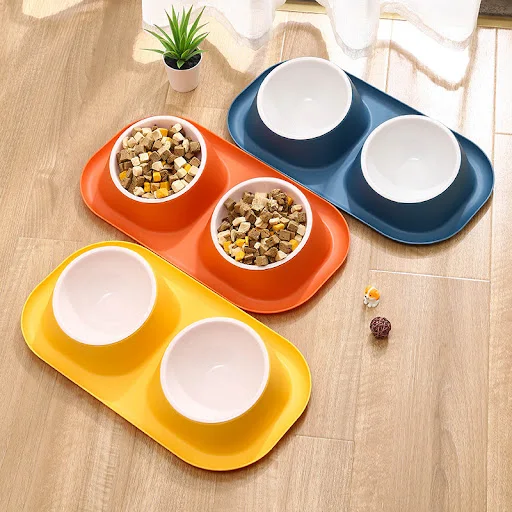 1pc Stainless Steel Double Cat Dog Bowl Cat Food Container Non-slip Base Pet Water Feeder Tilt Safeguard Neck Puppy Cats