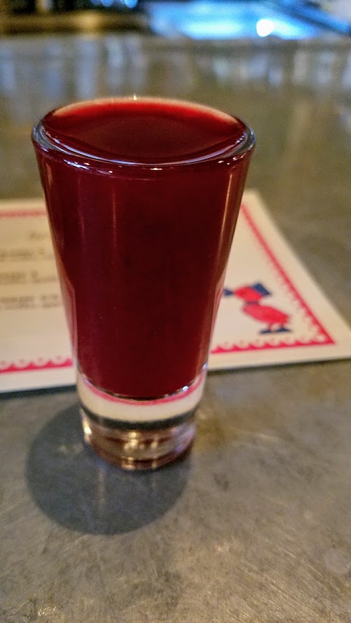 Guests were welcomed to the Kachka brunch celebrating Maslenitsa with a vitamin shot called Triple Sunrise with horseradish vodka, apple juice, beet juice, and celery bitters