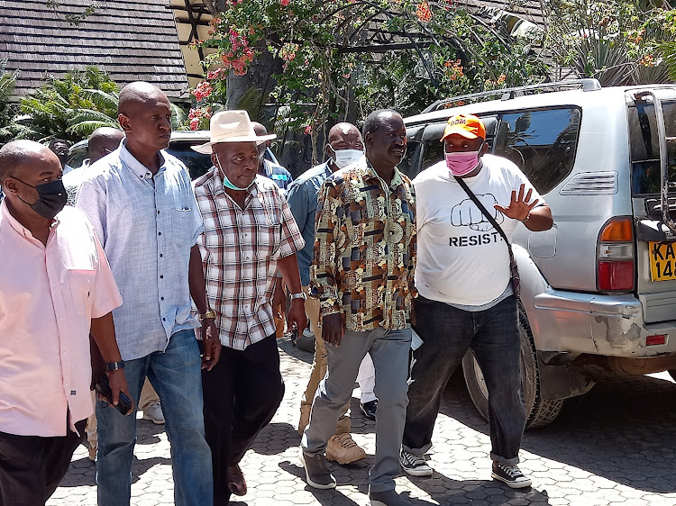 ODM leader Raila Odinga accompanied by Kwale leaders at Diani hotel in Ukunda on Tuesday, November 16, 2021.