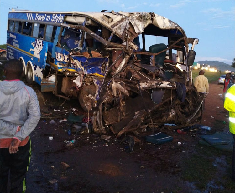 The scene of the accident involving two Modern Coast buses at Kiongwani area near Salama market along the Nairobi-Mombasa Highway on Thursday, December 12, 2019.