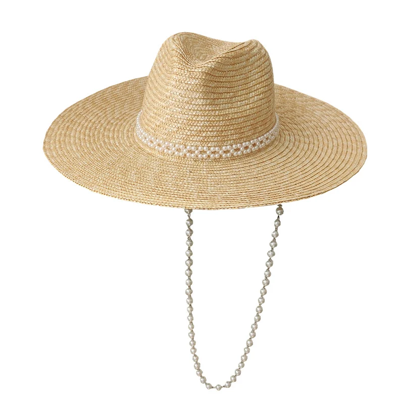 Chapéu de palha Jazz com aba larga e corrente de pérolas francesas, perfeito para praia e proteção solar.