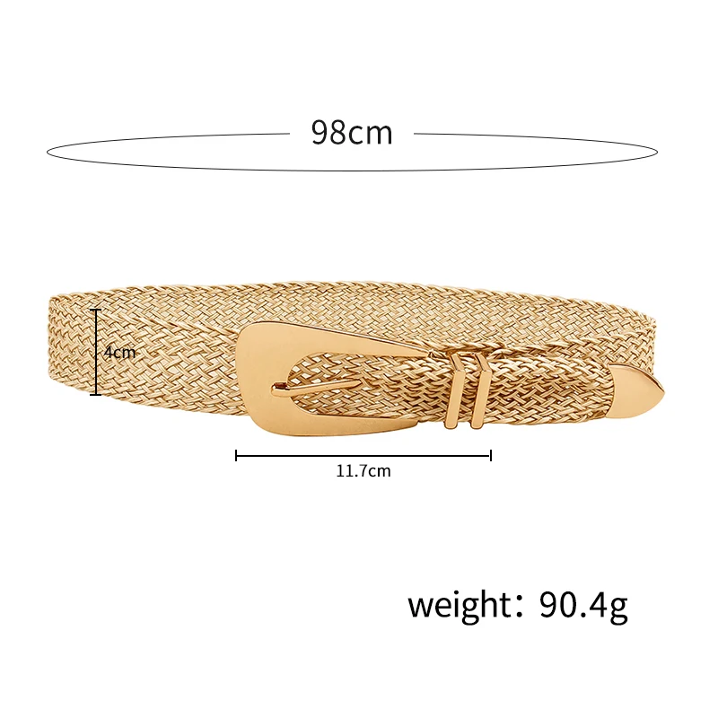 Cintura estiva nuova da donna Cintura intrecciata a mano in oro erba PP con chiusura in vita con fibbia in metallo irregolare