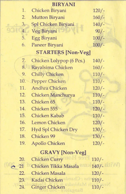 Hyderabadi Spice, Chandra Reddy Building menu 