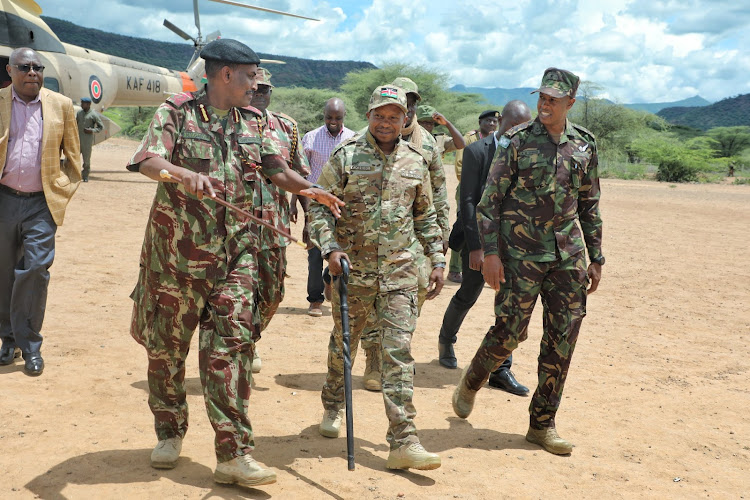 Interior CS Kithure Kindiki at the Operation Maliza Uhalifu Command Centre at Chemolingot, Tiaty in Baringo county on Saturday.