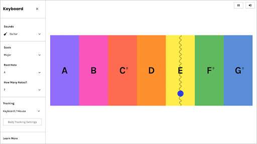 Screen capture of Keyboard interface. The lefthand menu displays a range of presets and controls for the experiment. In the main play area are colorful rectangular keys with their musical notes written on them