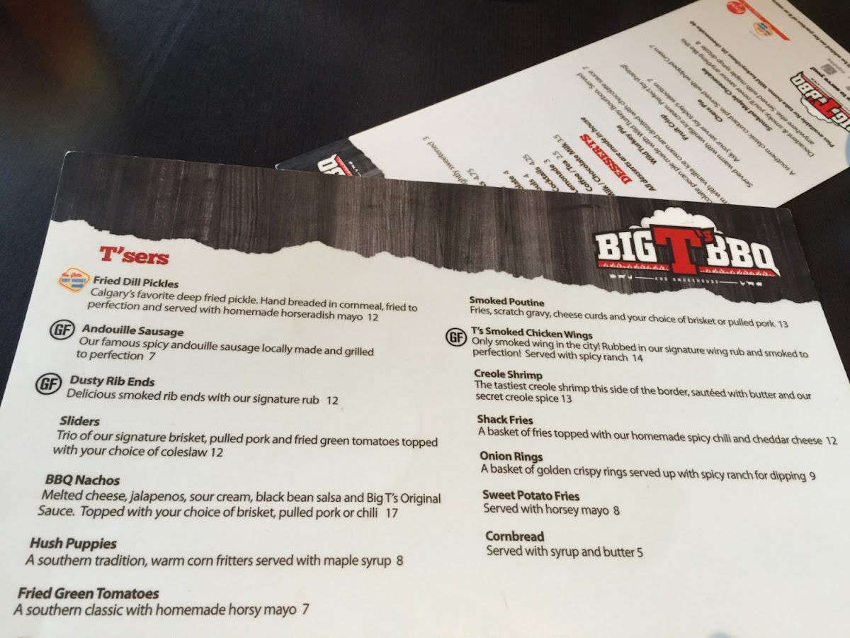 BIG T's BBQ & Smokehouse gluten-free menu