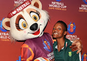 SA captain Bongi Msomi with the NWC 2023 mascot, Letsatsi, during the Netball World Cup 2023 media announcement last week. 