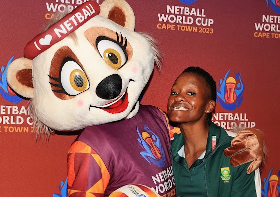 SA captain Bongi Msomi with the NWC 2023 mascot, Letsatsi, during the Netball World Cup 2023 media announcement last week.