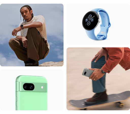 A collage of a person squatting while wearing Pixel Watch 2, a person skateboarding while wearing Pixel Watch 2 and holding Pixel 8, a close-up of Pixel 8a in Aloe colour and a close-up of Google Pixel Watch 2 in Bay colour.