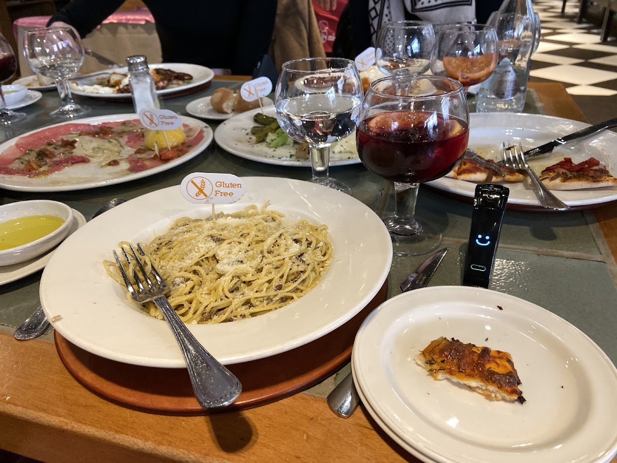 Very very happy with this meal !! They have separate kitchens for GF meals vs non-GF meals. The pasta was delicious - spaghetti with mushrooms and truffle oil. The pizza was less good, but tasty!