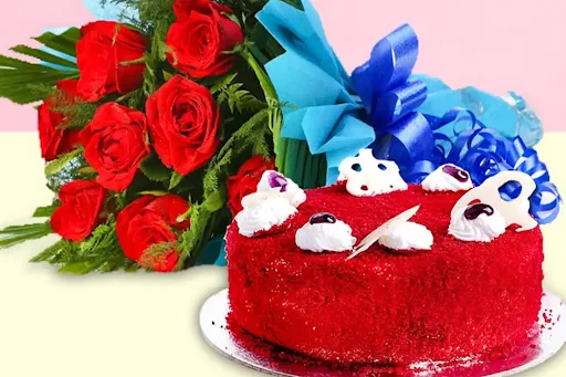 Red Velvet Heart Cake And 10 Rose Bunch