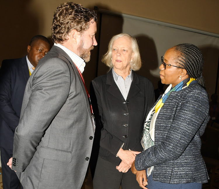 US Ambassador to the country Meg Whitman (C) has a word with Nakuru Governor Susan Kihika (R) and Charles Copeland from USAID during an investor’s conference in Sawela Lodge in Naivasha.