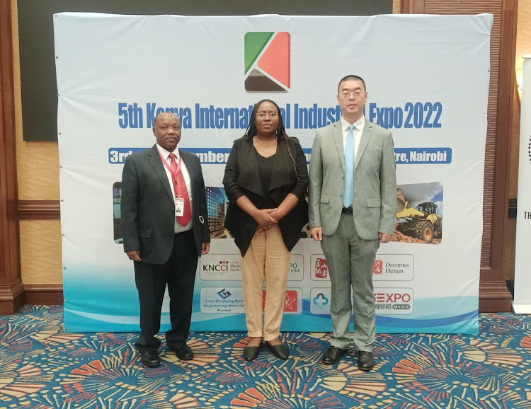 Team leader Investment Promotion Department at the Kenya Investment Authority Pius Rotich, Business Development Manager KNCCI Virginia Waruingi and the Managing Director Afripeak Expo Gao Wei during the expo press briefing in Nairobi in October 24, 2022