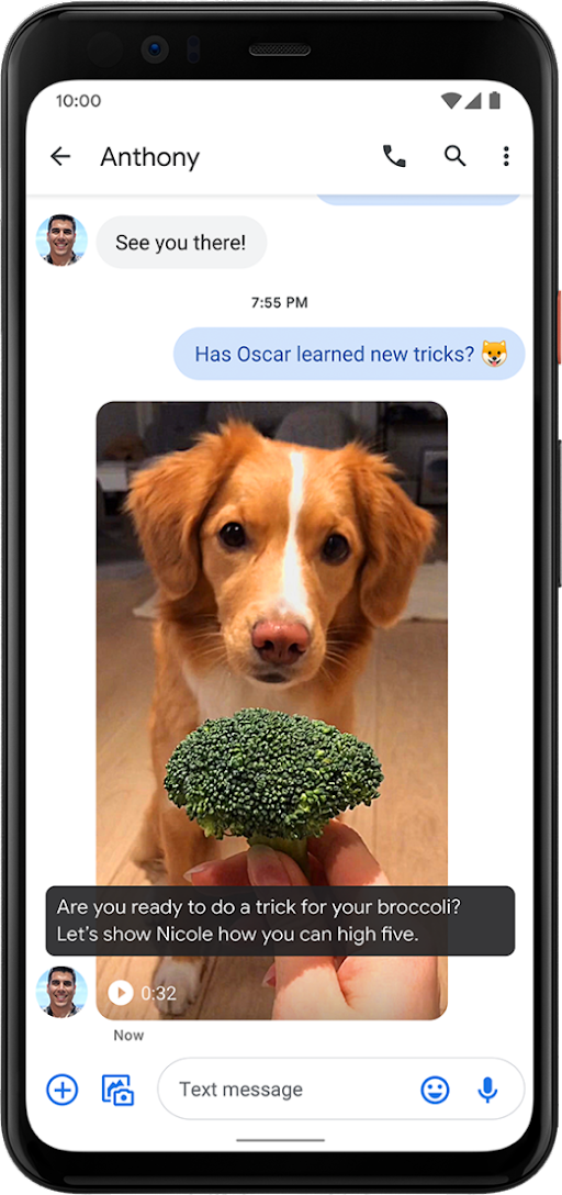 An image of a phone displaying a picture of a dog and a hand holding a piece of broccoli in front of the dog. There is a live caption on the image that says ‘Are you ready to do a trick for your broccoli ? Let’s show Nicole how you can high five.’