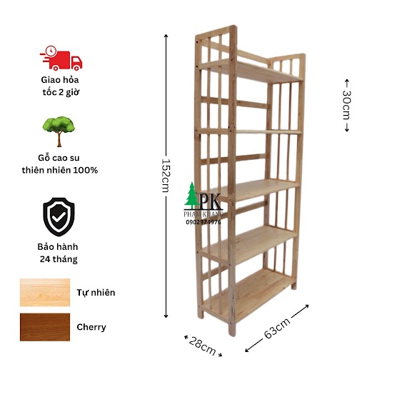 Kệ Sách Gỗ 5 Tầng Rộng 64Cm Màu Tự Nhiên