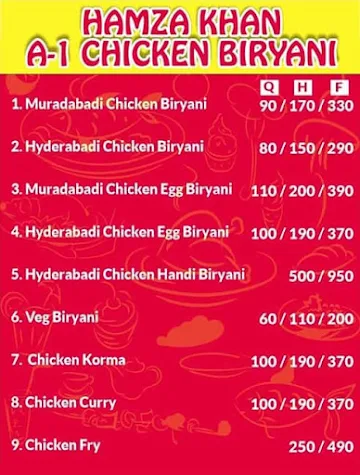 Hamza Khan A-1 Chicken Biryani menu 