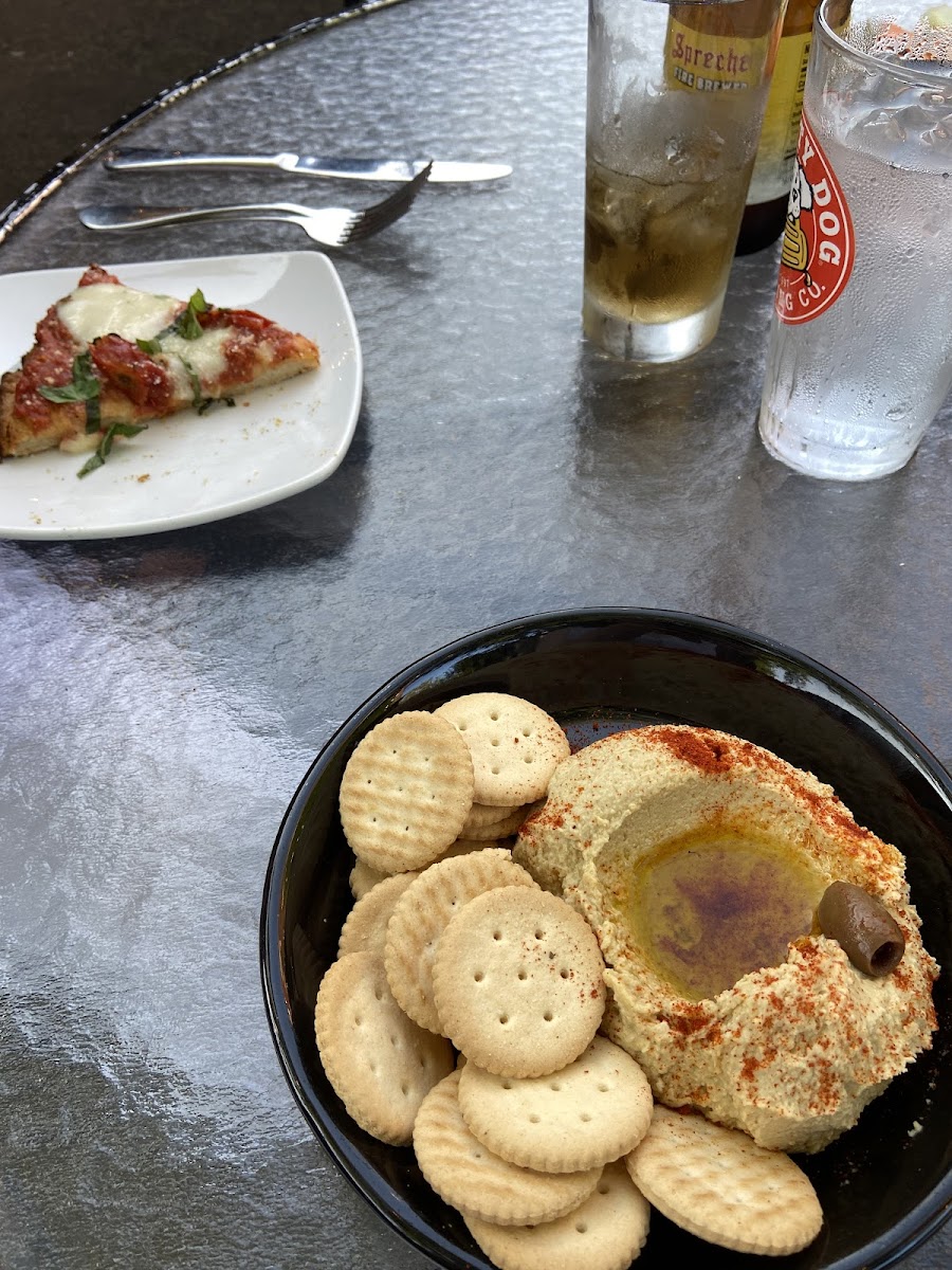 Hummus with GF crackers, GF pizza cooked in dedicated oven