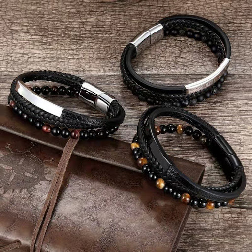 Title 2, Natural Stone Beaded Bracelet with Leather Brai...