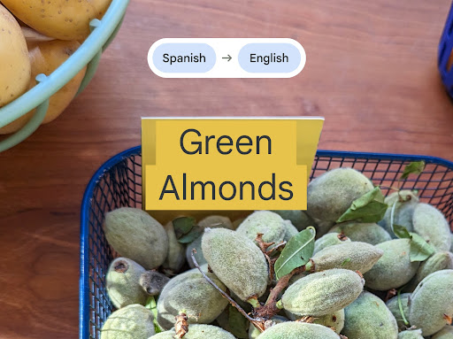 Pixel 8's Live Translate feature to translates a tag on some produce. The phone displays the translated tag as "Green Almonds."