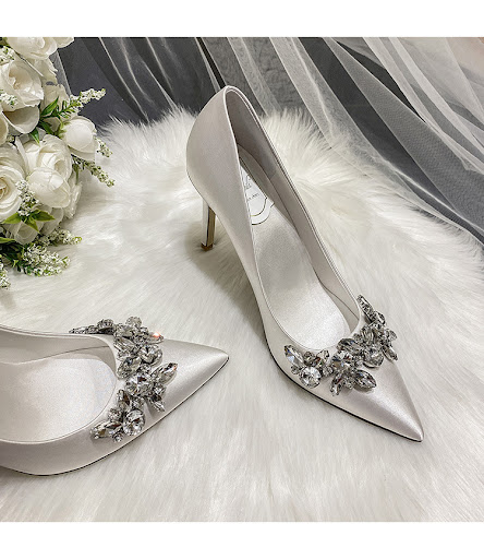 Title 12, Bridal Crystal Satin White High Heels Elegant W...