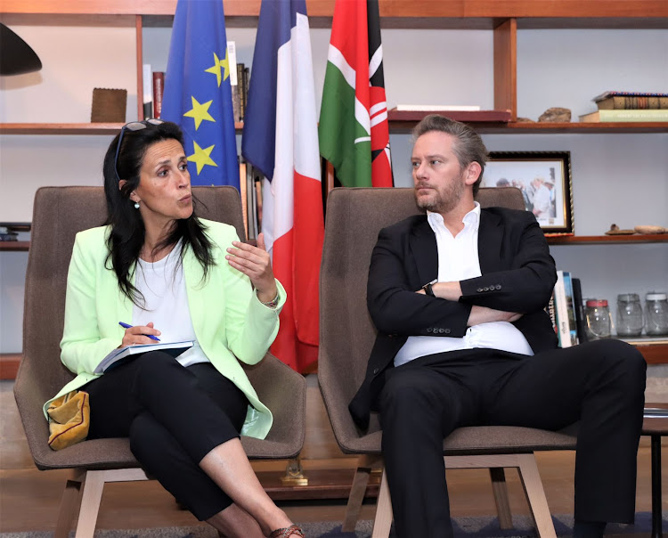 France state minister for development, francophonie and international partnerships Chrysoula Zacharopoulou together with French ambassador to Kenya and Somalia Arnaud Suquet at the French Embassy residence in Nairobi.