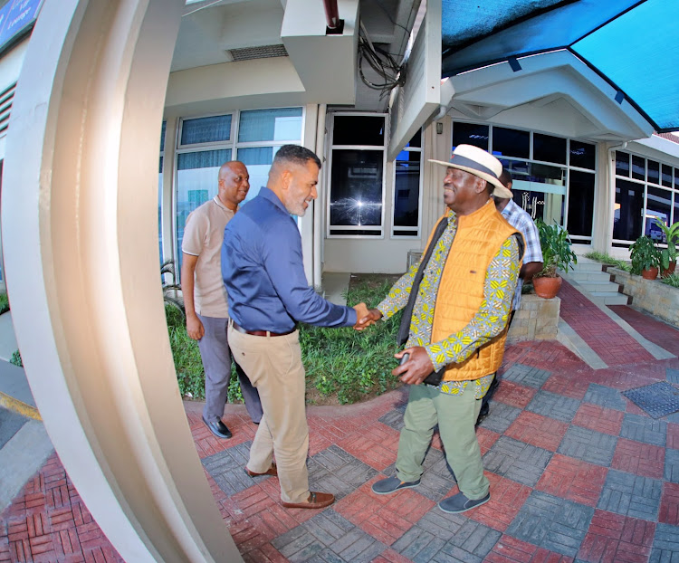 Mombasa Governor Abdulswamad Nassir receives ODM leader Raila Odinga in Mombasa on January 4,2022.