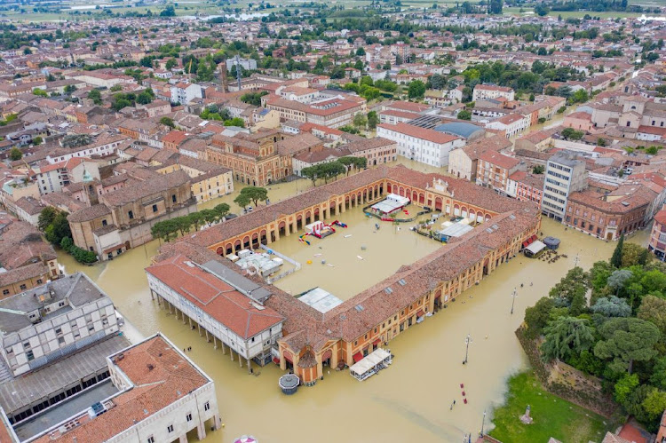 The Pavaglione historical landmark surrounded by floodwater in Lugo, in Ravenna province, northern Italy, on Thursday, May 18, 2023. Formula 1 has canceled the Grand Prix scheduled to take place in Imola, northern Italy, this weekend after the region was hit by torrential rains and flooding that led to several deaths.