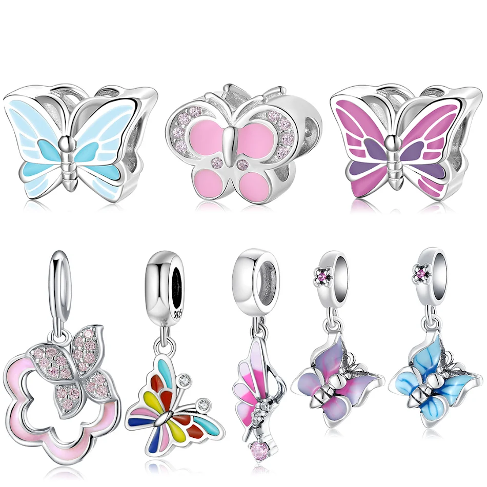 S925 Argent Sterling Pendentif Perles Goutte Colle Fleurs Papillon Bracelet DIY Accessoires Perles Bijoux Colorés