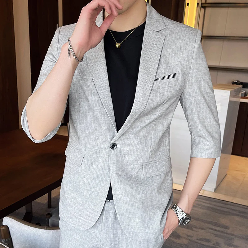 Title 2, Mens Summer Thin Slim Small Plaid Middle-sleev...