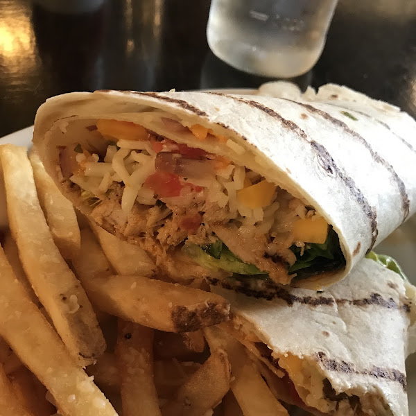 Tropical carnitas with gluten free wrap and fries  at fresh vibes cafe