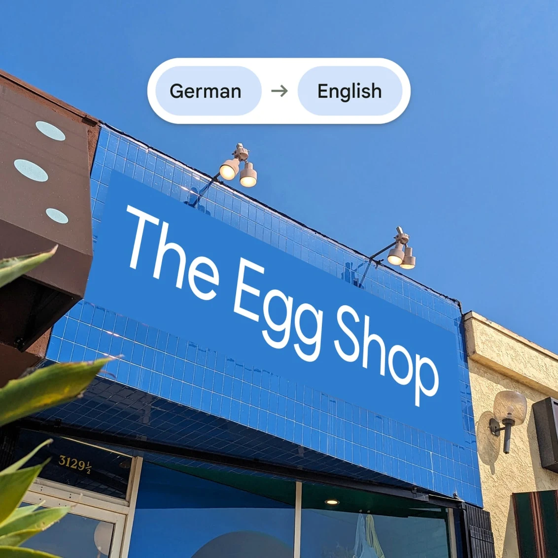 Pixel 8 Pro translates a shop sign to 'The Egg Shop'.