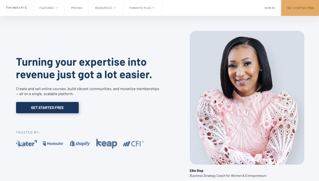 Página inicial da plataforma de venda de cursos online Thinkific
