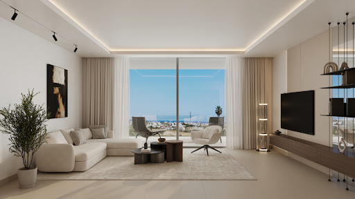 Modern living room with panoramic sea view - Prestige apartment / penthouse for sale in Marbella, 3 rooms, 3 bedrooms