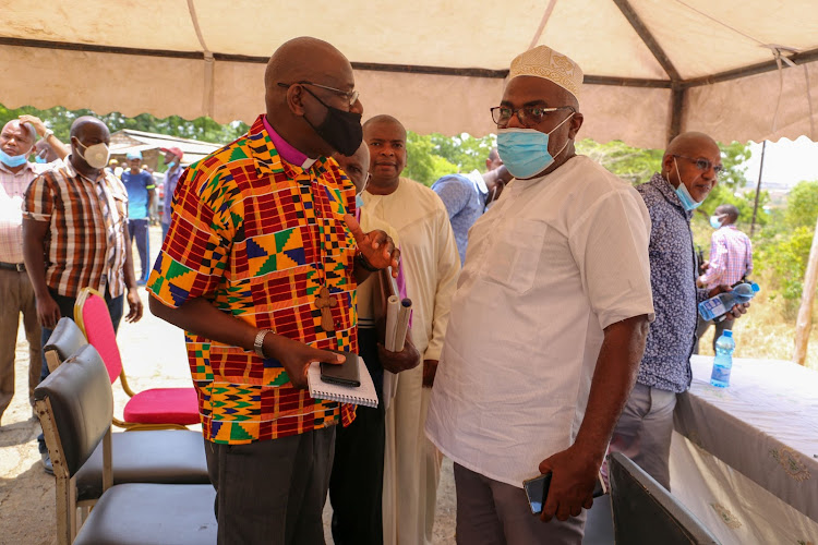 Methodist Church Coast Region Conference head Charles Makomde and Mombasa senator Mohammed Faki at Jomvu Kuu on Friday.