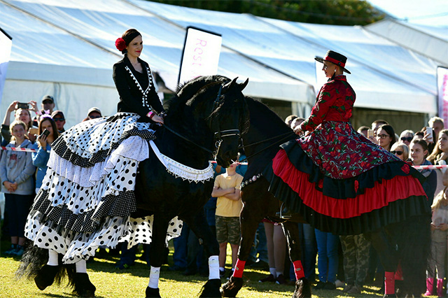 Erika Wernich riding Hermien (red dress) and Elen Smit riding Nelson Black (black/white dress) performing in one of the arenas