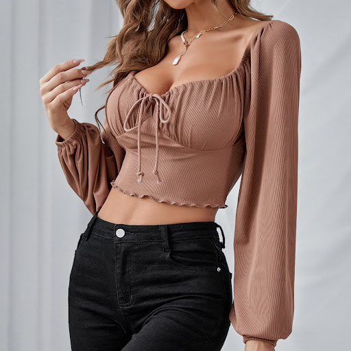 Title 5, Lantern Sleeves Drawstring Knit Long Sleeves Wi...