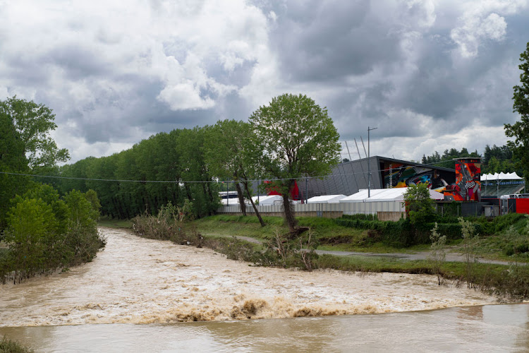 A river at a high level next to the Autodromo di Imola after the F1 Grand Prix of Emilia Romagna was cancelled due to flooding on May 18 in Imola.