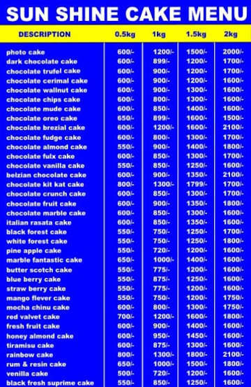 Sun Shine Cake menu 