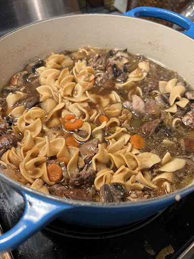 Cast iron pot full of delicious prime rib soup.