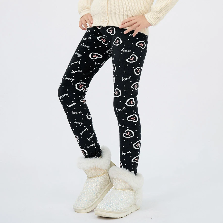 Roupa térmica de veludo estampada para meninas no outono e inverno, tamanhos médio e grande, base para aquecimento e conforto.