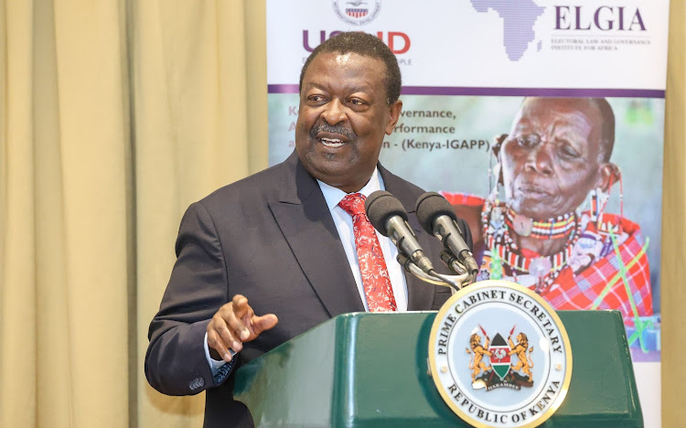 Prime Cabinet Secretary Musalia Mudavadi speaking during the Electoral Law and Governance Institute for Africa (ELGIA) consultative workshop on post-election electoral law reform agenda, in Nakuru on September 27, 2023.