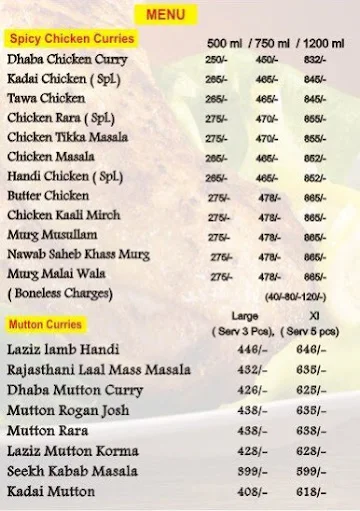 Nawab Saheb Durbar's menu 