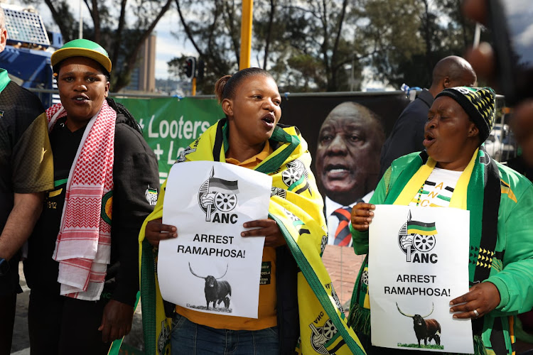 Supporters of former president Jacob Zuma register their protest against president Cyril Ramaphosa outside the ANC KZN provincial conference on Sunday.