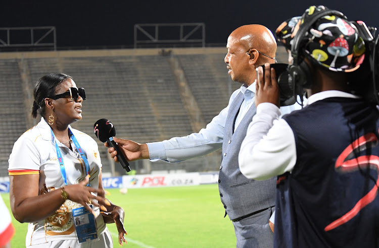 Royal AM owner Shauwn Mkhize speaks to Phumlani Msibi of SuperSport TV after the DStv Premiership match aganist SuperSport United at Lucas Moripe Stadium on October 4 2022.