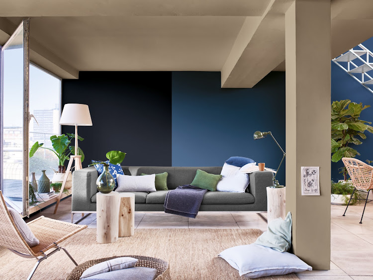 Dulux's trendy warm neutral Brave Ground works wonderfully with shades of blue.