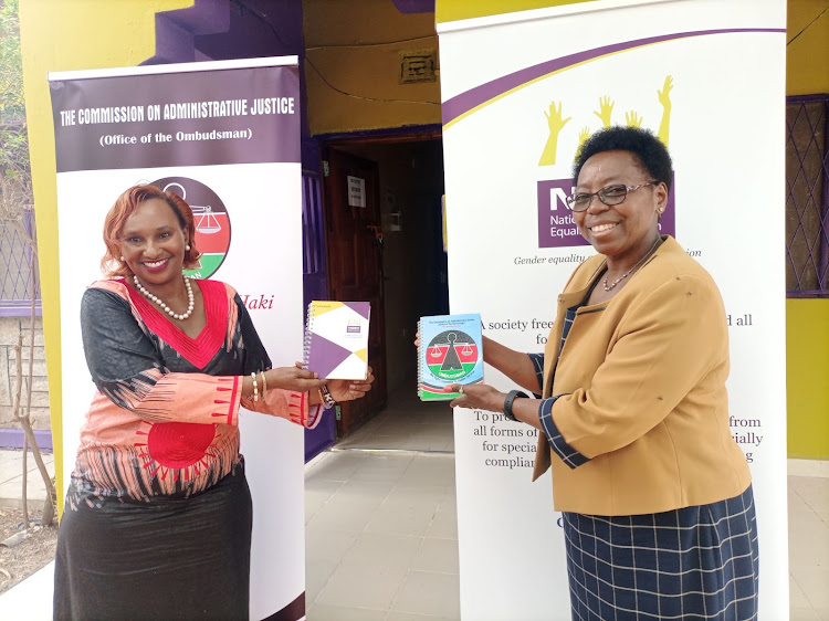 Commission on Administrative Justice chairperson Florence Kajuju with the National Gender and Equality Commission chairperson Joyce Mutinda in Garissa on Saturday