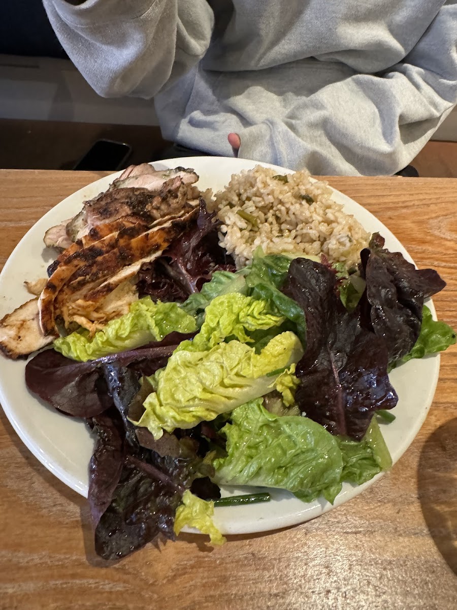 Plate w chicken, rice, salad