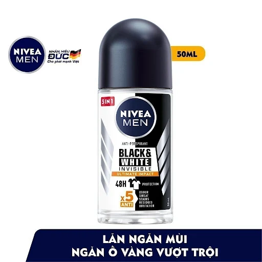 Lăn Ngăn Mùi NIVEA MEN Black&White Ngăn Vệt Ố Vàng Vượt Trội - Hương Mạnh Mẽ (50 ml)